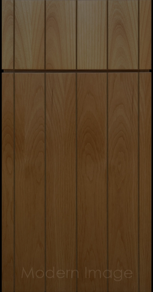 Front view of a Brooklyn style Grooved Flat Panel Cabinet Door and Drawer finished in Perfect Brown Stain.